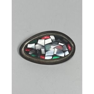 925 Sterling Silver Brooch Israel Mosaic Mother of Pearl Inlay Vintage 4.67g
